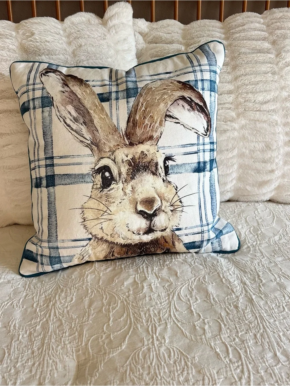 Pier 1 Blue Bunny decorative throw accent pillow bunny face plaid 17 x 17